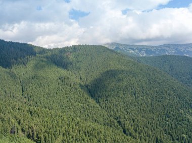 Yazın Ukrayna Karpatları 'nın yeşil dağları. Güneşli bir gün, nadir bulutlar. Hava aracı görünümü.