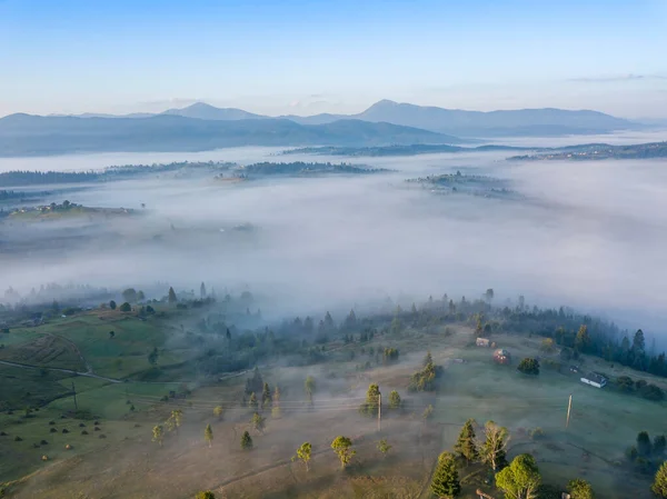 Montagnes Vertes Des Carpates Ukrainiennes Dans Brume Matin Vue Aérienne — Photo