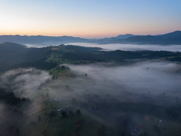 Morning Fog Ukrainian Carpathians Aerial Drone View — Stock Photo, Image