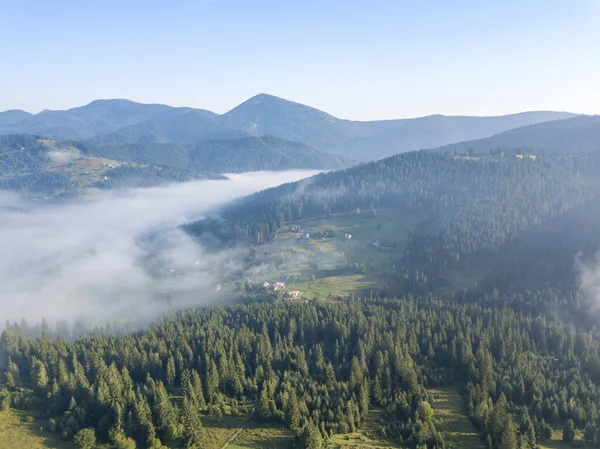 Morning Fog Ukrainian Carpathians Aerial Drone View — Stock Photo, Image