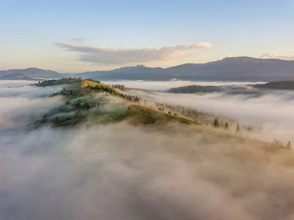 Insediamento Montagna Nei Carpazi Ucraini Nella Nebbia Del Mattino Vista — Foto Stock