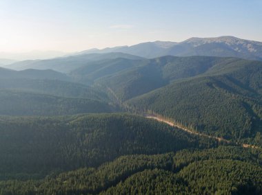 Güneşli havada Ukrayna Karpatlarının yüksek dağları. Hava aracı görünümü.