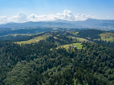 Yazın Ukrayna Karpatları 'nın yeşil dağları. Güneşli bir gün. Hava aracı görünümü.