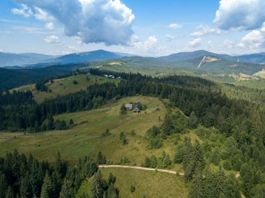 Yazın Ukrayna Karpatları 'nın yeşil dağları. Güneşli bir gün. Hava aracı görünümü.