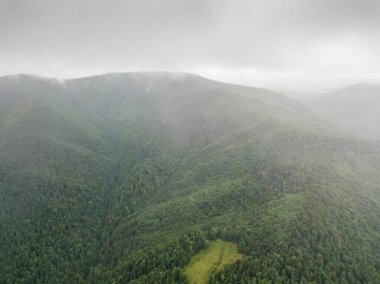 Ukrayna Karpatlarının yeşil dağları bulutların üzerinde dinleniyor. Hava aracı görünümü.