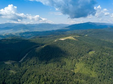 Yazın Ukrayna Karpatları 'nın yeşil dağları. Güneşli bir gün. Hava aracı görünümü.