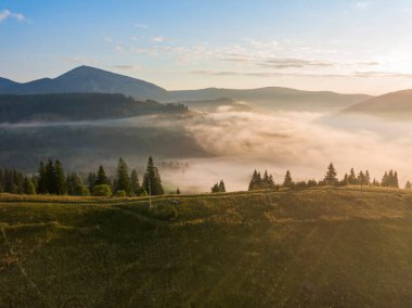 Ukrayna Karpatları 'nda sisin üstünde gün doğumu. Hava aracı görünümü.