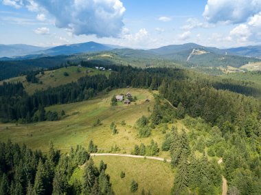 Yazın Ukrayna Karpatları 'nın yeşil dağları. Güneşli bir gün. Hava aracı görünümü.