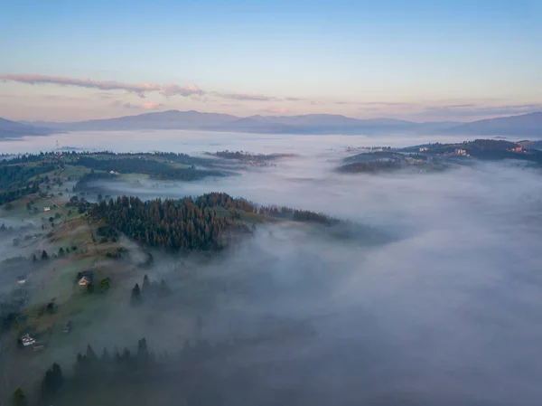 Flight Fog Ukrainian Carpathians Summer Mountains Horizon Aerial Drone View — Stock Photo, Image