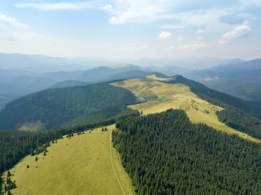 Yazın Ukrayna Karpatları 'nın yeşil dağları. Güneşli bir gün, nadir bulutlar. Hava aracı görünümü.