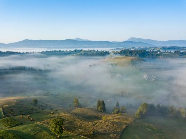 Ukrayna Karpatya dağlarında sabah sisi. Hava aracı görünümü.