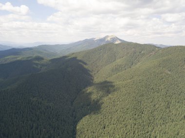 Yazın Ukrayna Karpatları 'nın yeşil dağları. Güneşli bir gün, nadir bulutlar. Hava aracı görünümü.