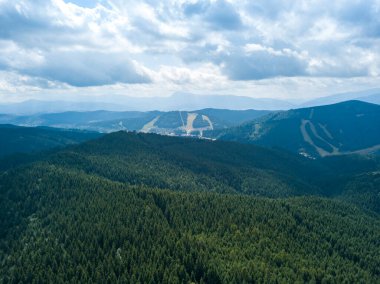 Yazın Ukrayna Karpatları 'nın yeşil dağları. Güneşli bir gün, nadir bulutlar. Hava aracı görünümü.