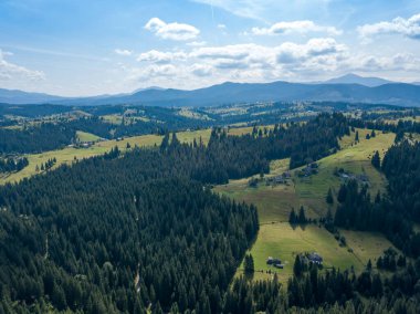 Yazın Ukrayna Karpatları 'nın yeşil dağları. Güneşli bir gün, nadir bulutlar. Hava aracı görünümü.
