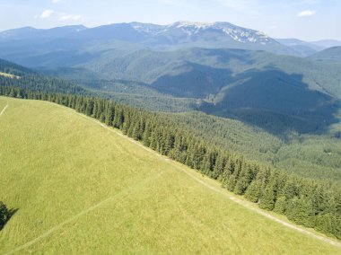 Yazın Ukrayna Karpatları 'nın yeşil dağları. Güneşli bir gün, nadir bulutlar. Hava aracı görünümü.