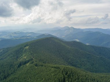 Yazın Ukrayna Karpatları 'nın yeşil dağları. Hava aracı görünümü.