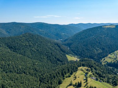Yazın Ukrayna Karpatları 'nın yeşil dağları. Güneşli açık bir gün. Hava aracı görünümü.
