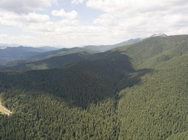 Yazın Ukrayna Karpatları 'nın yeşil dağları. Güneşli bir gün, nadir bulutlar. Hava aracı görünümü.