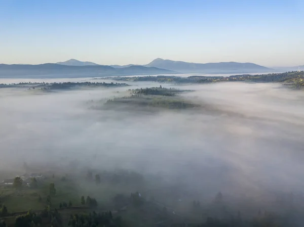 Morning Fog Ukrainian Carpathians Aerial Drone View — Stock Photo, Image