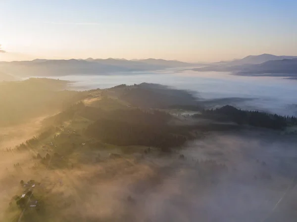 Sunrise Fog Ukrainian Carpathians Aerial Drone View — Stock Photo, Image