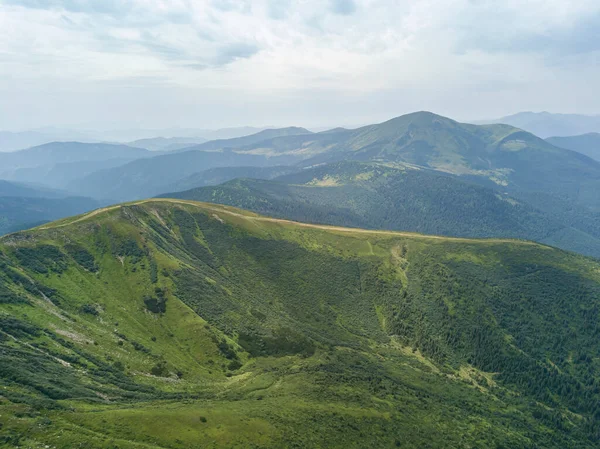 Hohe Berge Der Ukrainischen Karpaten Bei Bewölktem Wetter Drohnenblick Aus — Stockfoto