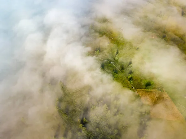 Fog Envelops Mountain Forest Rays Rising Sun Break Fog Aerial — Stock Photo, Image