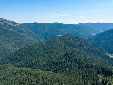 Yazın Ukrayna Karpatları 'nın yeşil dağları. Güneşli açık bir gün. Hava aracı görünümü.