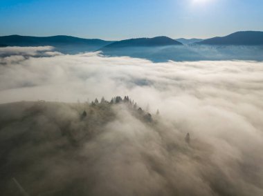 Ukrayna Karpatları 'nda sabah sisi. Hava aracı görünümü.
