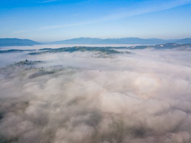 Ukrayna Karpatları 'nda yaz aylarında sislerin üzerinden uçarlar. Ufuktaki dağlar. Hava aracı görünümü.