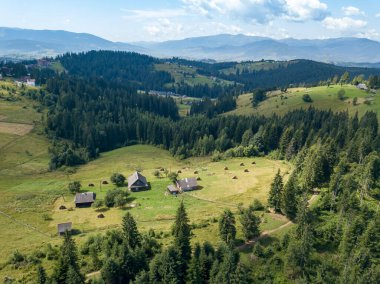 Yazın Ukrayna Karpatları 'nın yeşil dağları. Güneşli bir gün. Hava aracı görünümü.
