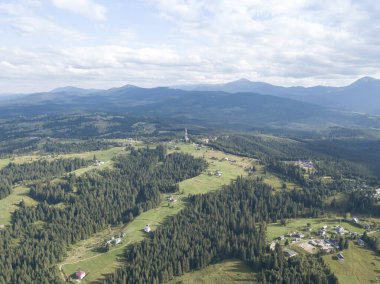 Yazın Ukrayna Karpatları 'nın yeşil dağları. Yamaçlarda kozalaklı ağaçlar. Hava aracı görünümü.