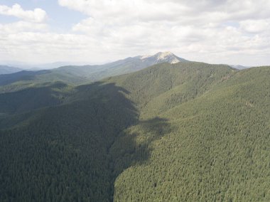 Yazın Ukrayna Karpatları 'nın yeşil dağları. Güneşli bir gün, nadir bulutlar. Hava aracı görünümü.