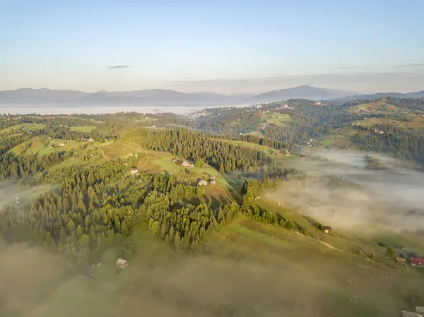 Morgennebel Den Ukrainischen Karpaten Drohnenblick Aus Der Luft — Stockfoto