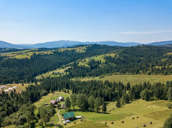 夏にウクライナのカルパティアの緑の山々 晴れた日 空中ドローンビュー — ストック写真