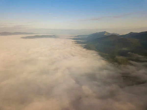 Lever Soleil Sur Brouillard Dans Les Carpates Ukrainiennes Vue Aérienne — Photo