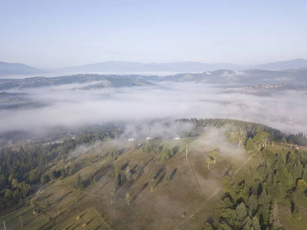 Morning Fog Ukrainian Carpathians Aerial Drone View — Stock Photo, Image