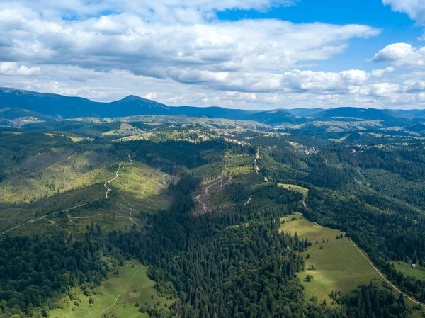 Groene Bergen Van Oekraïense Karpaten Zomer Naaldbomen Hellingen Luchtdrone Zicht — Stockfoto