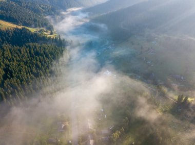 Sabah sisinde Ukrayna Karpatları 'nın yeşil dağları. Hava aracı görünümü.