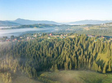 Bir yaz sabahı Ukrayna Karpatları dağları. Hava aracı görünümü.