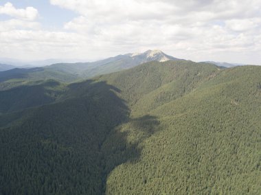 Yazın Ukrayna Karpatları 'nın yeşil dağları. Güneşli bir gün, nadir bulutlar. Hava aracı görünümü.