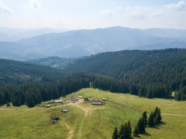 Yazın Ukrayna Karpatları 'nın yeşil dağları. Güneşli bir gün, nadir bulutlar. Hava aracı görünümü.