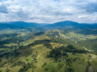 Yazın Ukrayna Karpatları 'nın yeşil dağları. Yamaçlarda kozalaklı ağaçlar. Hava aracı görünümü.