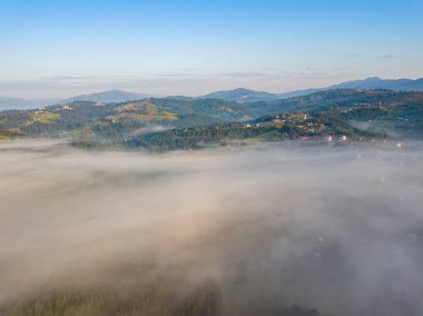 Ukrayna Karpatya dağlarında sabah sisi. Hava aracı görünümü.