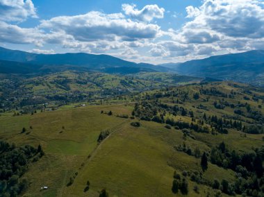 Yazın Ukrayna Karpatları 'nın yeşil dağları. Yamaçlarda kozalaklı ağaçlar. Hava aracı görünümü.