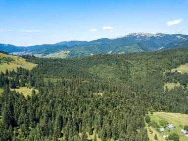 Yazın Ukrayna Karpatları 'nın yeşil dağları. Güneşli açık bir gün. Hava aracı görünümü.