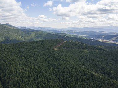 Güneşli havada Ukrayna Karpatlarının yüksek dağları. Hava aracı görünümü.