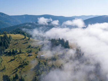 Ukrayna Karpatları 'nda sabah sisi. Hava aracı görünümü.