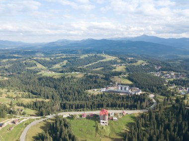 Yazın Ukrayna Karpatları 'nın yeşil dağları. Yamaçlarda kozalaklı ağaçlar. Hava aracı görünümü.