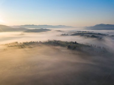 Ukrayna Karpatları 'nda sabah sisi. Hava aracı görünümü.