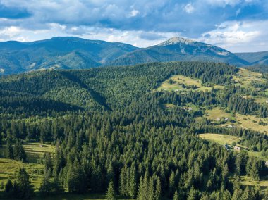 Yazın Ukrayna Karpatları 'nın yeşil dağları. Güneşli bir gün, nadir bulutlar. Hava aracı görünümü.